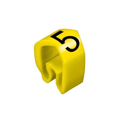 Gelber Plastikclip mit der Zahl '5' bedruckt, verwendet zur Markierung.