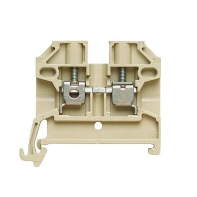 Ein beiger elektrischer Klemmenblock mit zwei Schraubanschlüssen und Metallverbindungen in der Mitte, Ansicht von vorne.