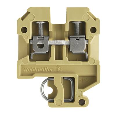 Gelbes elektrisches Klemmenmodul mit Schraubverbindung und Weidmüller-Logo, verwendet zum Verbinden von Kabeln in elektrischen Schaltkästen.