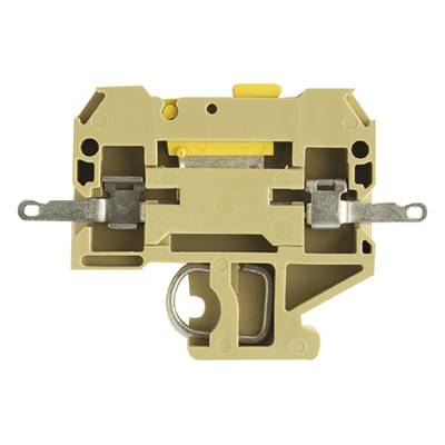 Elektrischer Kontakteinsatz in beige mit zwei metallischen Kontakten und einer Feder im unteren Bereich, verwendet für Verdrahtung.