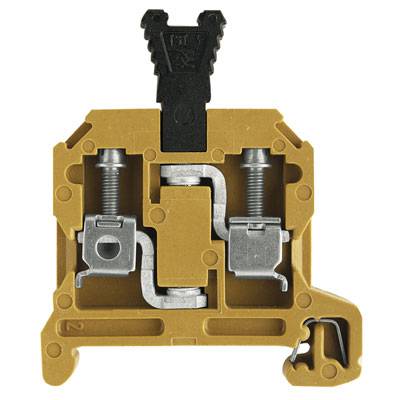Querschnitt eines gelben elektrischen Steckverbinders mit zwei Schraubklemmen, Drähten und einem abnehmbaren Verschlussclip.