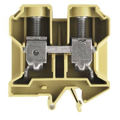 Gelbes elektrisches Reihenklemmenbauteil mit zwei metallischen Anschlussklemmen. Verwendet zur sicheren Verbindung elektrischer Leiter.