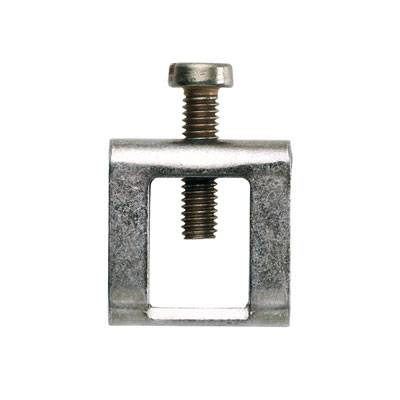 Metallklemme mit quadratischer Form, Schraube oben und Mitte, zum Befestigen von Werkstücken oder Materialien.