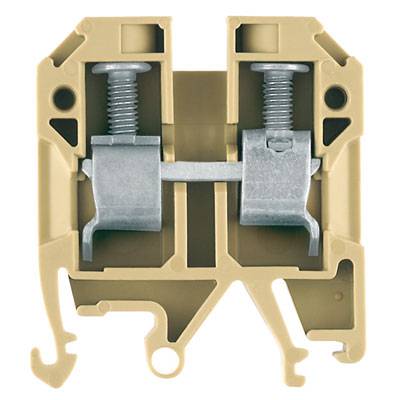 Ein zweipoliger, cremefarbener Reihenklemmenblock mit Metallelementen, die interne elektrische Verbindungen sichtbar machen.