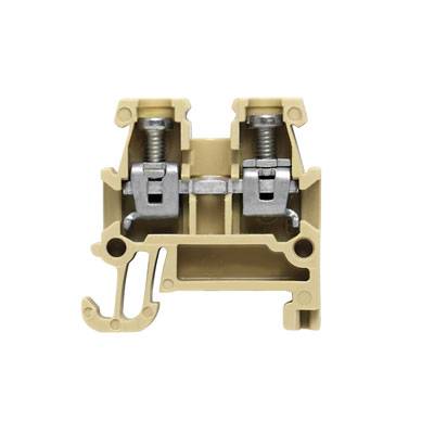 Ein elektrischer Reihenklemmenblock aus Kunststoff in beige, zeigt innenliegende metalische Kontaktklemmen, die zur Kabelbefestigung dienen.