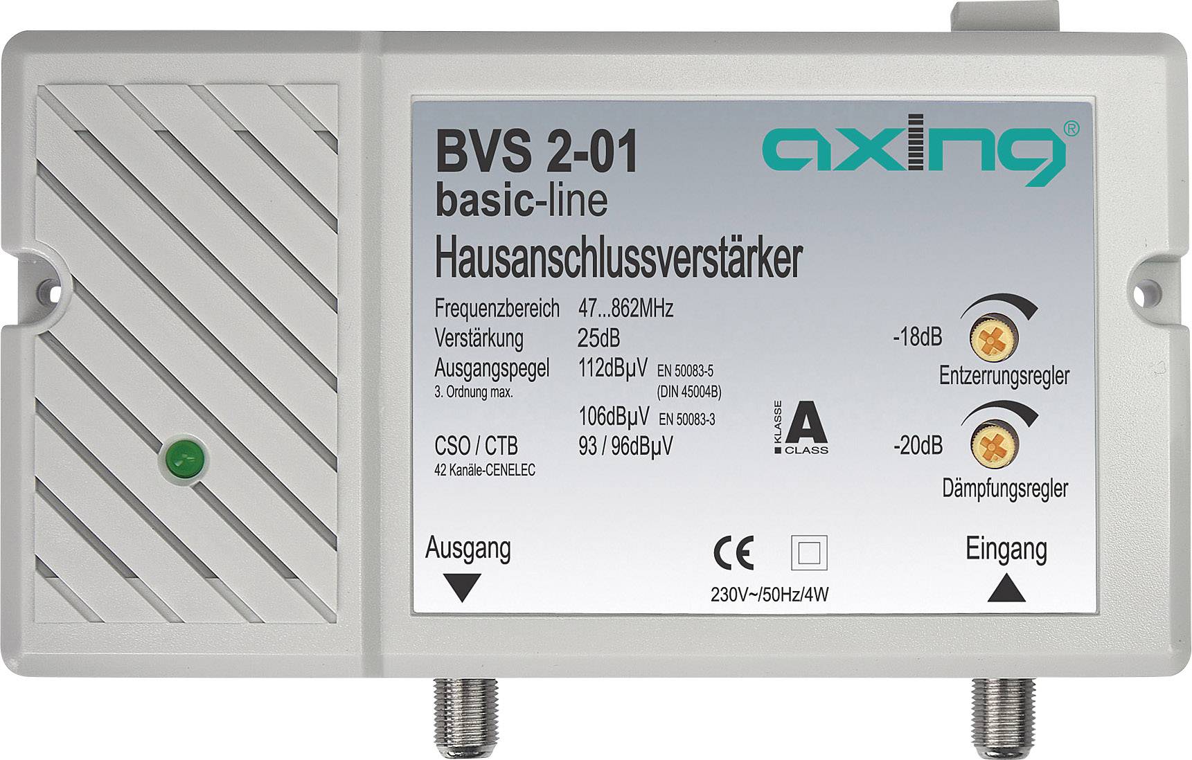 'BVS 2-01 basic-line' Hausanschlussverstärker von Axing mit Frequenzbereich 47-862 MHz und Verstärkung 25 dB. 230V~50Hz.