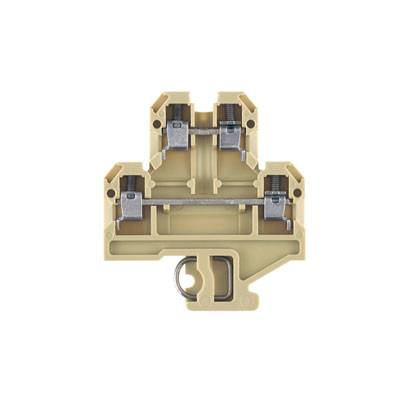 Beige Klemmenblock mit Metallverbindungen und Schrauben zur elektrischen Verdrahtung.
