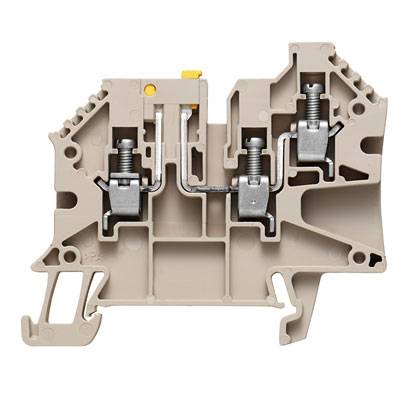 Elektrische Reihenklemme in Nahaufnahme, zeigt interne Metallverbindungen und Schraubanschlüsse, beige Gehäuse, zur Verdrahtung genutzt.