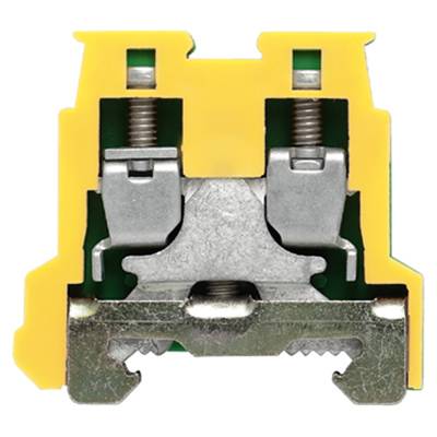 Eine gelb-graue DIN-Schienenklemme mit metallischen Verbindungsmechanismen, zur elektrischen Verbindung von Drähten verwendet.
