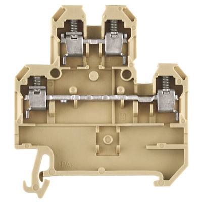 Beiges elektrisches Verbindungselement mit zwei Klemmen und Metallkontakten, verwendet für die sichere Verdrahtung in Schaltschränken.