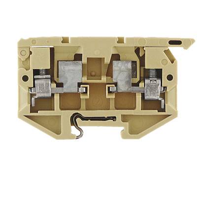 Elektrischer Klemmenblock in beige mit zwei befestigten Metallklammern. Dient zum Verbinden von Kabeln in elektrischen Schaltungen.