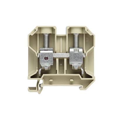 Ein elektrischer Klemmenblock in beiger Farbe mit zwei Schraubklemmen zur Befestigung von Drähten. Eignet sich für industrielle Anwendungen.