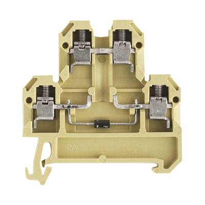 Ein gelber elektrische Reihenklemmenblock mit zwei Metallanschlüssen oben, geeignet für Leiterverbindungen in Schalttafeln.