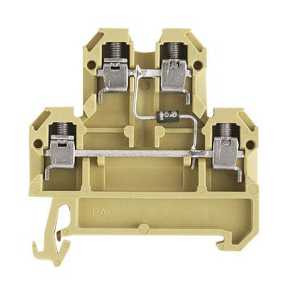 Ein gelbes Reihenklemmenmodul mit Anschlüssen und einer metallischen Verbindungsschiene, zur Verwendung in elektrischen Schaltschränken.