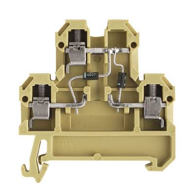 Beige Reihenklemme mit zwei Metallschrauben und einem schwarzen Widerstand in der Mitte. Dient zur elektrischen Verbindung von Leitungen.