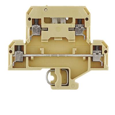 Beige Klemmenblock mit zwei Metallschrauben und einem Metallstift, verwendet in elektrischen Schaltkästen zur Kabelbefestigung.