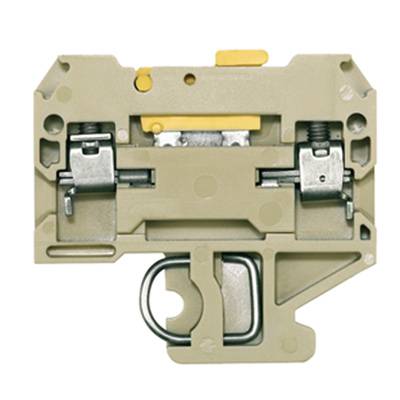 Eine beige Klemmenleiste mit Metallkomponenten, die in der Elektronik zur Verbindung von Kabeln verwendet wird.