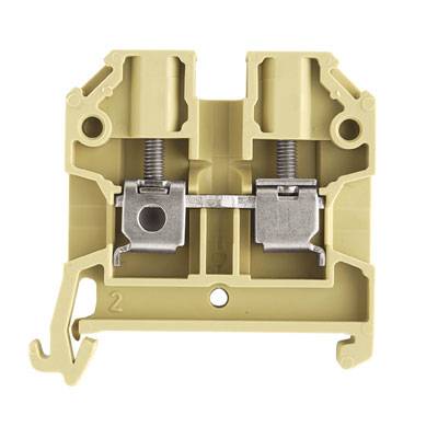 Abgebildet ist eine beige Klemmklemme mit Metallteilen und Schrauben, die zur Befestigung elektrischer Leitungen dient.