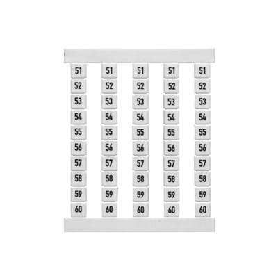 Eine Tabelle mit sechs Spalten. Jede Spalte zeigt die Zahlen von 51 bis 60 auf weißen Kärtchen.