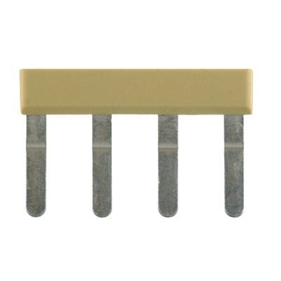 Ein rechteckiger, gelber Elektronikkondensator mit vier Metallanschlüssen, die von unten herausragen.