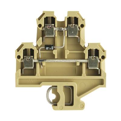 Beige Klemmblock mit zwei Metallklemmen und Schrauben, verwendet zum Verbinden elektrischer Drähte. Ideal für sichere Verkabelungen.