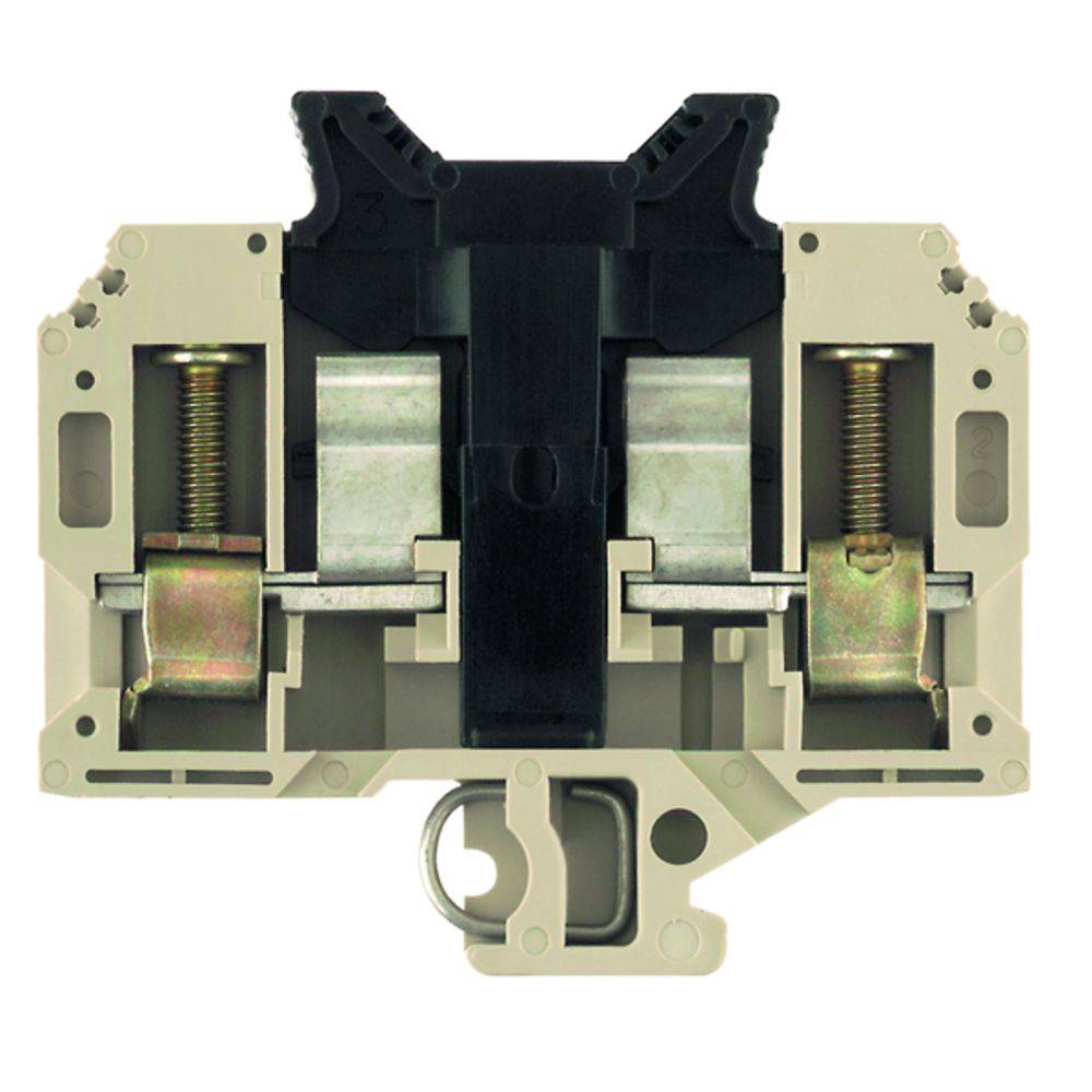 Ein Querschnitt eines elektrischen Klemmenblocks, der die interne Struktur zeigt, einschließlich der Metallverbindungen und Federn.
