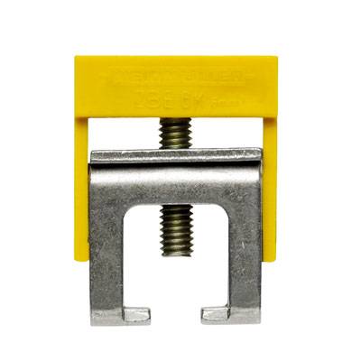 Ein gelbes Kunststoffteil mit einer silbernen Schraubhalterung, wahrscheinlich zur Befestigung oder Justierung von Bauteilen verwendet.