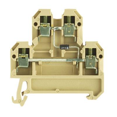 Elektrischer Reihenklemmenblock in beige mit Metallschrauben und Klemmen für die Verdrahtung von elektrischen Schaltkreisen.