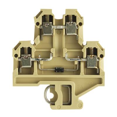 Beige Reihenklemme mit vier Anschlüssen und Schraubmechanismus, für elektrische Verkabelung.