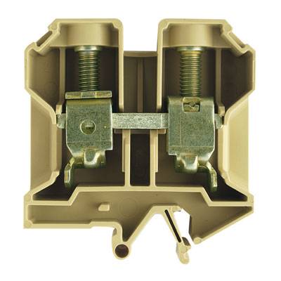 Ein brauner Federklemmenblock mit zwei Metallschrauben und einer Metallverbindung, isoliert auf weißem Hintergrund.