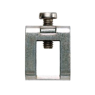 Metallclip mit quadratischer Öffnung und zentraler Schraube zur Befestigung.