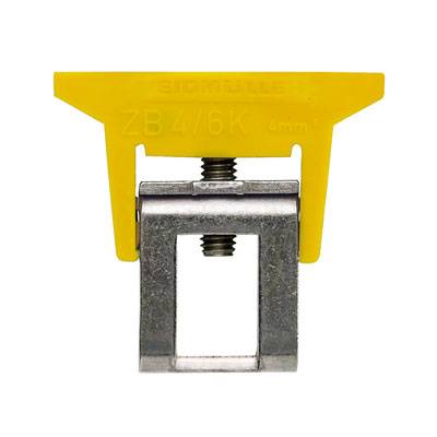 Gelbes Kabelschild von Weidmüller mit der Bezeichnung 'ZB4/6K 6mm²', montiert auf einem Metallhalter.