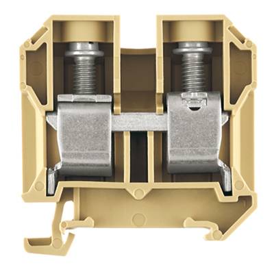 Schnittansicht eines elektrischen Klemmenblocks mit zwei Metallschrauben und Kunststoffgehäuse, zur Verbindung von Leitern.
