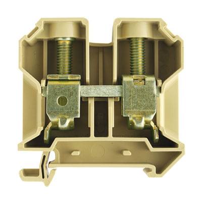 Ein hellbrauner elektrischer Anschlussklemmenblock mit zwei Metallkontakten und Schraubenfedern, zur Befestigung von Kabeln.