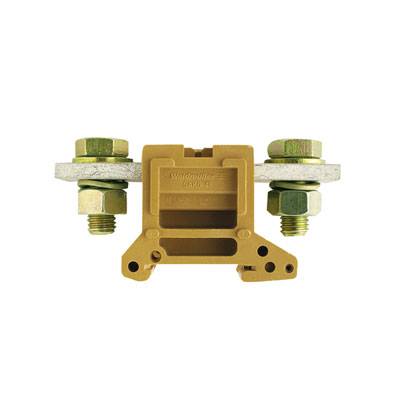 Ein elektrischer Verbindungsklemme mit zwei Schraubanschlüssen zur Installation auf einer Montageschiene.