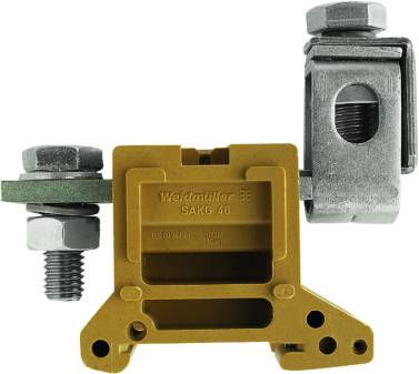Gelbes und silbernes Kabelklemmen-System, bestehend aus einer Kunststoffbasis mit Metallverschlüssen, von der Marke Weidmüller.