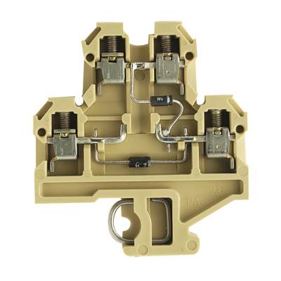 Elektrischer Anschlussblock mit Schraubklemmen und Verdrahtungskanälen. Beige Kunststoffhülle mit Metallkontakten.