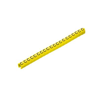 Gelbes Röhrchen mit schwarzem Buchstaben 'C' wiederholt entlang der Oberfläche, möglicherweise ein Kabelmarkierer.