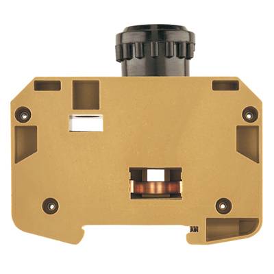 Ein braunes, rechteckiges Bauteil mit mehreren Öffnungen und einem schwarzen Drehknopf oben, auf weißem Hintergrund.