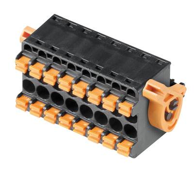 Ein schwarzer, rechteckiger elektrischer Steckverbinder mit mehreren orangen Steckplätzen zeigt eine Seitenansicht für Verkabelungen.