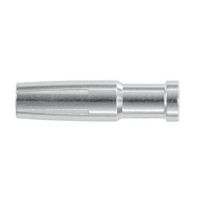 Ein silbernes Metallteil, vermutlich eine Hülse oder Verbinder. Glatte Oberfläche, zylindrische Form.