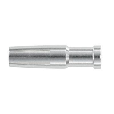 Ein silbernes Metallstück, röhrenförmig mit einer glatten Oberfläche, das leicht verjüngt ist und am Ende einen hervorstehenden Rand hat.