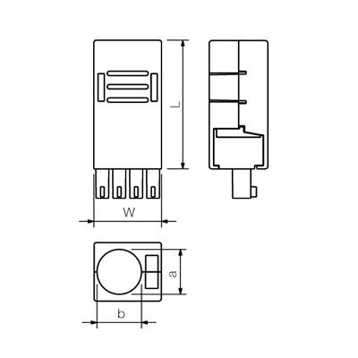 Diagramm eines elektrischen Bauteils mit drei Ansichten: Vorderansicht, Seitenansicht und Draufsicht. Maße 'L', 'W', 'b', 'a' abgebildet.