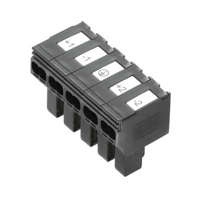 Schwarze elektrische Steckklemme mit fünf Anschlussplätzen, gekennzeichnet mit '+1', '-1', '+2', 'C', für Leiterverbindungen.