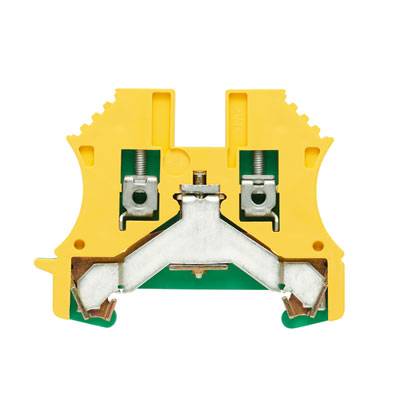 Gelber elektrischer Reihenklemmenblock mit zwei Metallanschlüssen und grüner Basis, zur Montage auf einer DIN-Schiene.