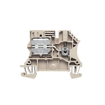 Klemmblock aus Kunststoff mit Metalleinsätzen, seitliche Haltevorrichtungen sichtbar. Hauptsächlich für elektrische Verbindungen genutzt.