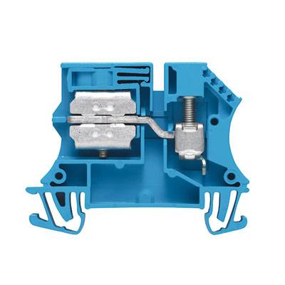 Ein blauer elektrischer Steckverbinder mit Metallelementen zur Verbindung von Kabeln.