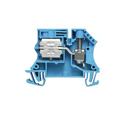 Ein blauer elektrischer Klemmenblock mit Metallklammern zur Befestigung und Verbindung von elektrischen Leitern.