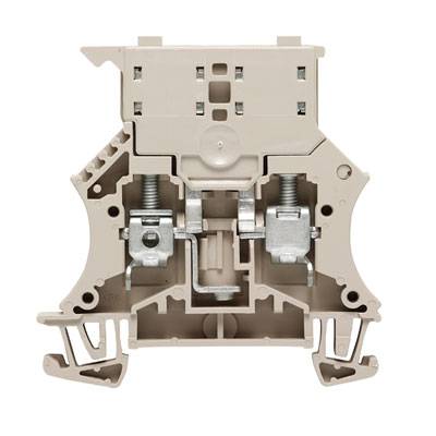 Beige Klemmenblock aus Kunststoff mit Metallverbindungen, Vorderansicht. Wird verwendet, um elektrische Kabel in einer Schalttafel zu verbinden.