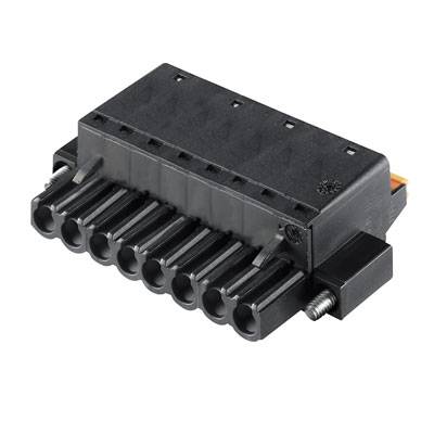 A black multi-port connector, positioned horizontally, against a white background.